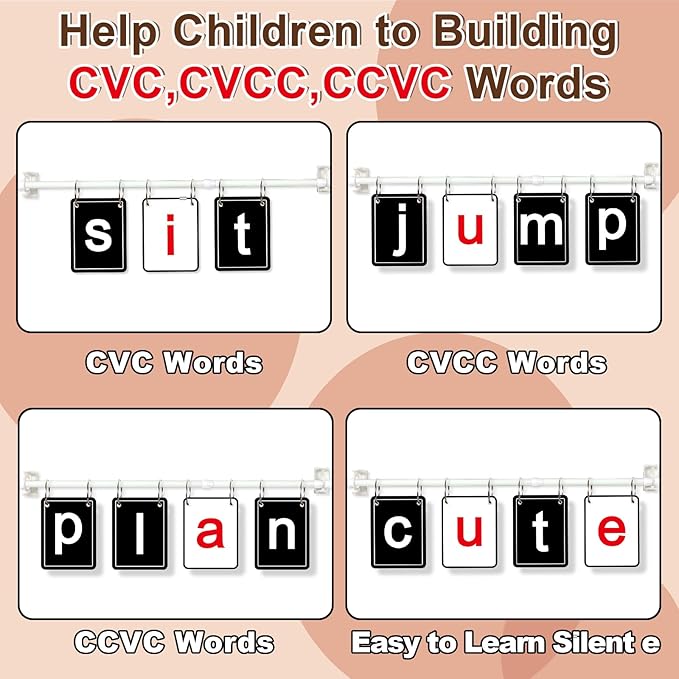 Black White CVC Word Builder with 117 Alphabet Flash Cards Phonics, Adjustable CVCC & CCVC Flip Charts with Holder Spelling Game Bulletin Board Letters for Home Wall Decor Supplies