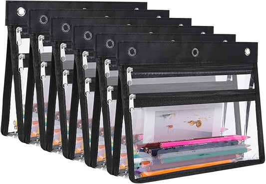 YoeeJob 6 Pack Zipper Pencil Pouches for 3 Ring Binder, 1.5 Inch Expandable with 2 Pockets and Clear Window for School and Office (Black)
