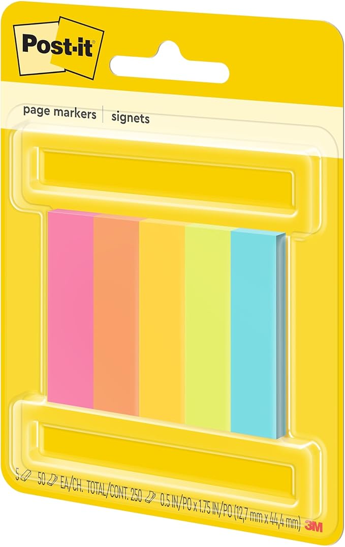 Post-it Page Markers Sticky Tabs for Books/Documents, Assorted Rainbow Colors, (670-5AF) 0.5 in x 1.75 in (12.7 mm x 44.4 mm), 50 Sheets/Pad, 5 Pads/Pack, 6-Pack