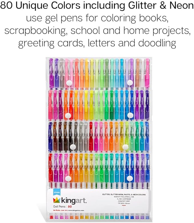 KINGART GLITTER Rollerball GEL PENS, 80 Sparkling Colors with Soft-Grip Comfort, XL Ink Cartridge - For Coloring, Doodling, Scrapbooking, Journaling and General Use, All Ages, 80 Pens