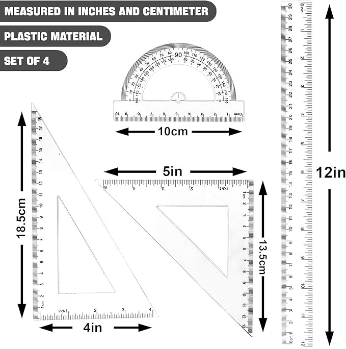 Clear Math Geometry Tool Set,12 Inch Ruler 4 PCS for Measuring and Drafting, Transparent Plastic Straight Ruler, Triangle Rulers, Protractor for Student School Office Supplies, Imperial Metric