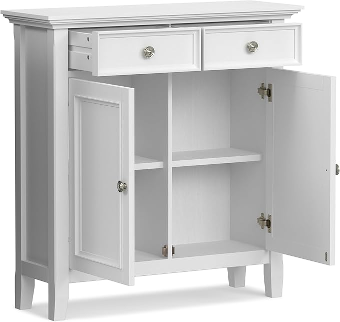 SIMPLIHOME Amherst 36-inch Wide Transitional-Style Storage Cabinet in White with Drawers and Adjustable Shelves for Entryway or Living Room