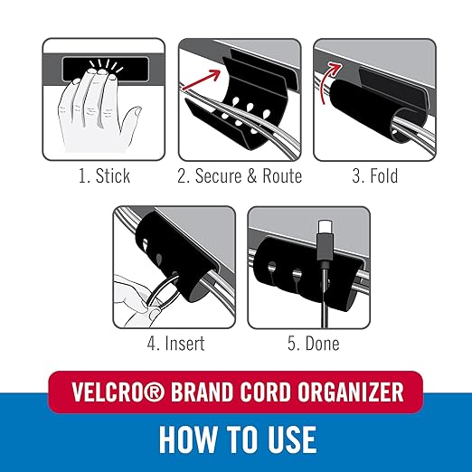VELCRO Brand Cord Organizer for Desk Cable Management, Nightstand Organization, Unique Dual Function Cable Sleeve Cord Keepers Combo, Holds Wires for Easy Access, Route to Hide, Small 2pk Black
