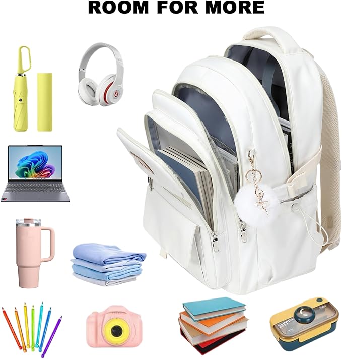 School Bag for Teens Girls,Girls Backpack Set,3 PCS Kids Backpack for Women,15.6 Inch Laptop Middle High School College Student Casual Travel Daypack with Lunch Box Pencil Pouch Set(Beige)