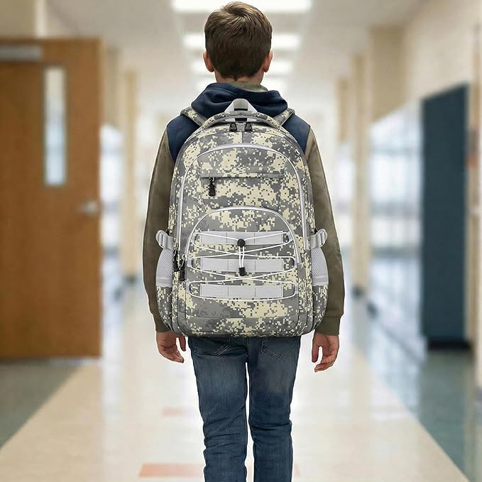 Kids Backpack for Boys - Camo Boys Backpacks for Kids Teens Elementary Middle School, 18″ Camouflag Students Bookbag with Usb Charging Port & Key-chain, Perfect for Travel and School