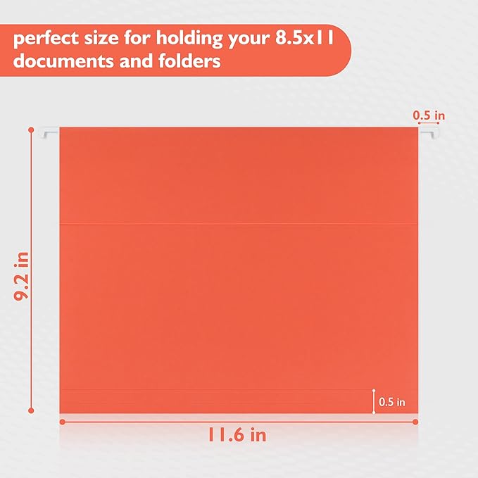 25 Packs Hanging File Folders,Bright Orange Hanging File Folders Letter Size,Hanging Folders with 1/5-cut Tabs,Hanging Folders for Filing Cabinets, File Organizer Folder for Office,School,Home