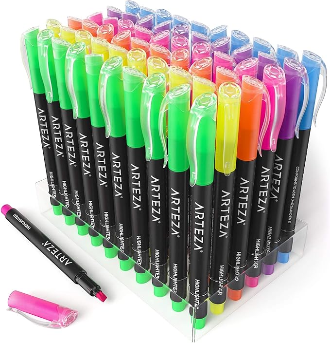 ARTEZA Highlighters – Set of 60 Assorted Neon Colors with Narrow Chisel Tips, Quick-Dry Ink for School, Office, Journaling & Note-Taking