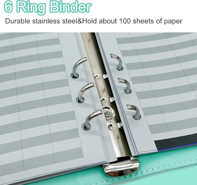 A5 Refillable 6 Ring Faux Leather Budget Binder,Mini Notebook Binder Cover for A5 Filler Paper,Loose Leaf Personal Planner Cover with Magnetic Buckle Closure (Marble Green)