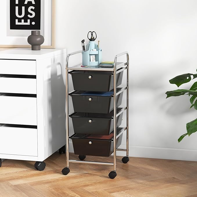 COSTWAY Rolling Storage Cart with 4 Drawers, Plastic Storage Cart and Organizer w/ 4 Removable Drawers, Multipurpose Organizer Cart for Home Scrapbook Paper Office School Tools (Black)