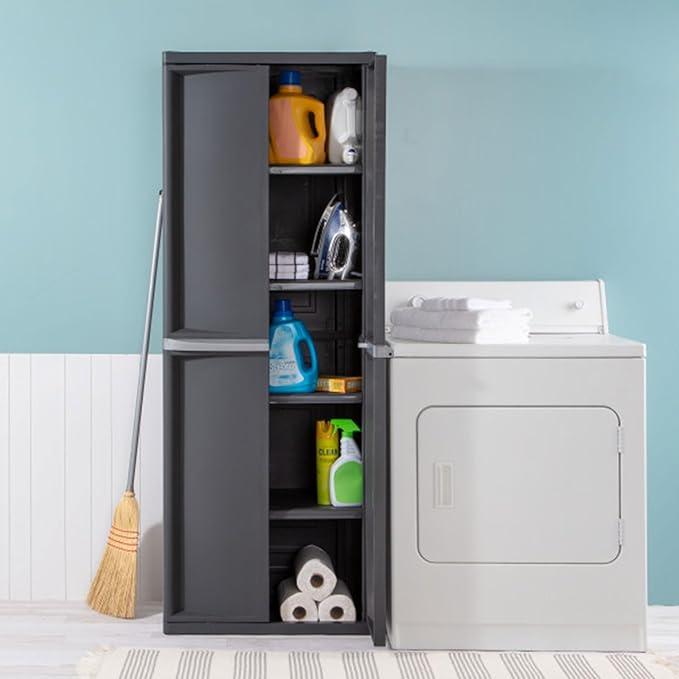 Sterilite 5 Shelf Plastic Storage Unit Bundled with Easy to Assemble Storage Cabinet for Garage, Pantry & Kitchen Organization, 4 Shelves, Gray