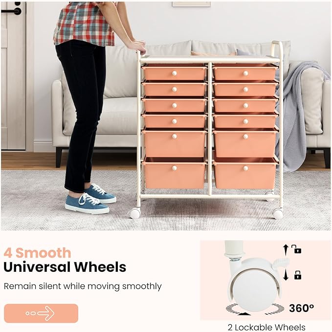 COSTWAY 12-Drawer Rolling Storage Cart, Moveable Art Craft Organizer W/Lockable Wheels, Metal Shelf, Files Arrangement Tools Makeup Storage Cart for Office, Home, School, Peach