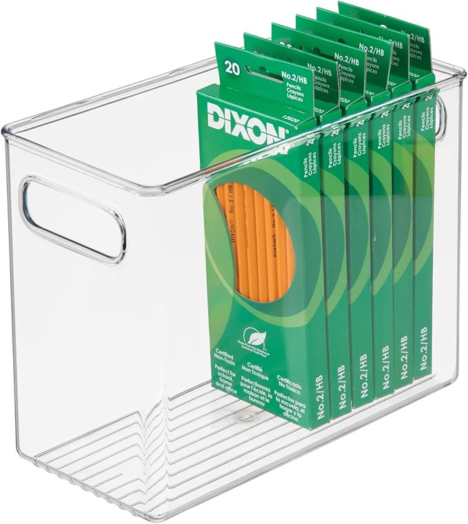 mDesign Tall Plastic Storage Organizer Container Bin, Office Organization for Filing Cabinet, Cupboard, Shelves, and Desk - Holds Notepads, Pens, Pencils, Highlighters, Ligne Collection, 4 Pack, Clear