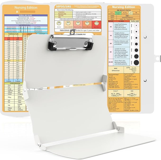 Clipboards Nursing Clipboard Trifold Foldable, 3 Layers Aluminum Nurse Clipboards with Nursing Edition Cheat Sheets Folding Pocket Size for Students, Nurses and Doctors (Light G)