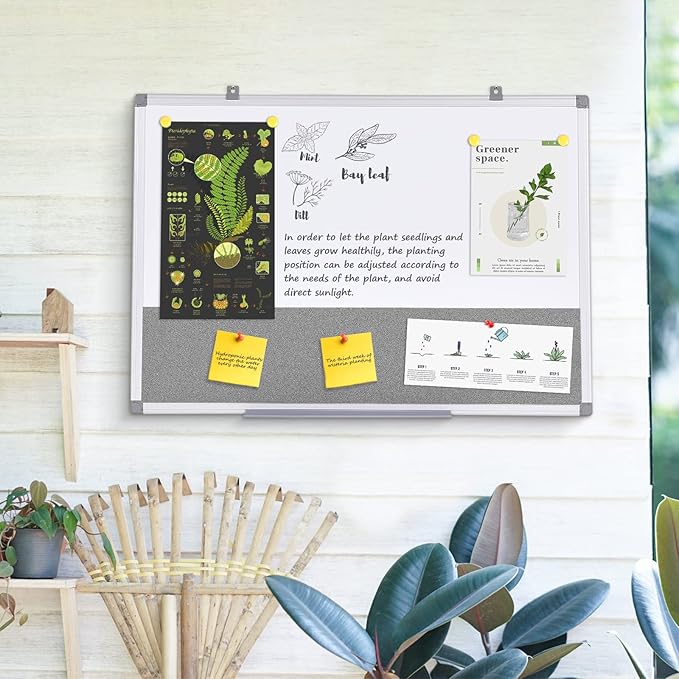 Combo Dry Erase Bulletin Board Wall Mounted Whiteboard and Pin Board Vision Board for Home Kitchen School Office College,Whiteboard & Felt Gray,36x24inches