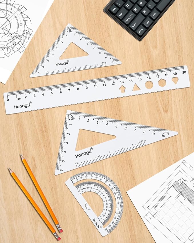 Honagu Triangular Ruler Set, 4 Pieces Aluminum Alloy Ruler, Metal Drafting Ruler, Geometric Protractor for Students,Teacher, Draftsmen, Engineers,Gift Stocking Stuffers for Kids (20cm/7.87in, Silver)