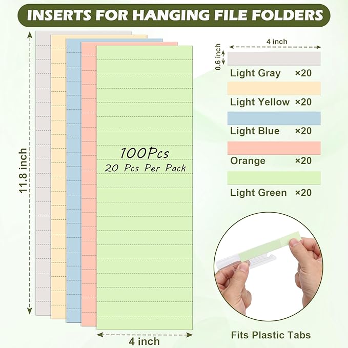 100 Pcs Hanging File Folder Tab Inserts 4 Inch Colored Blank File Tab Hanging File Folders Labels Paper Inserts Thick 300Gsm Cardstock for 4 Inch Hanging Folder Tab