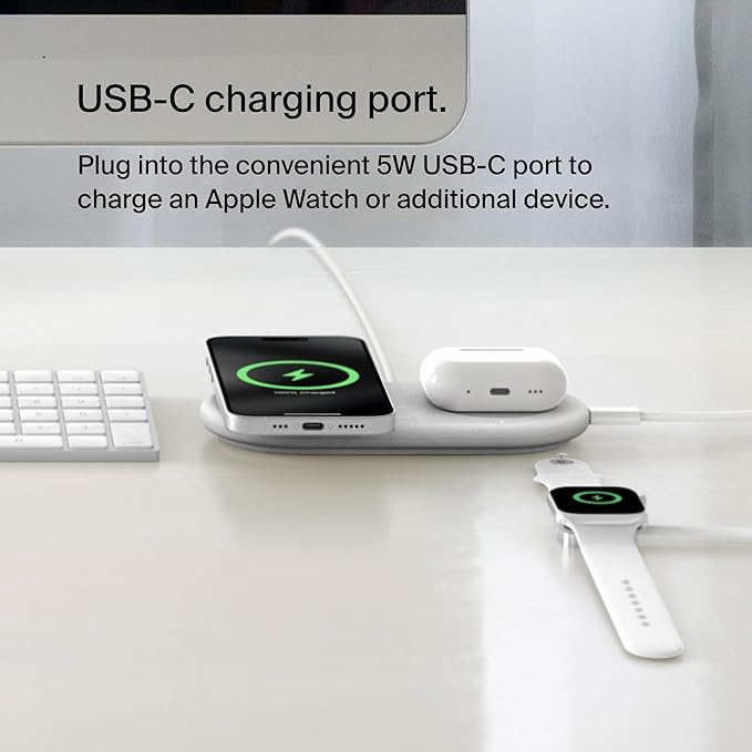 Belkin 2-in-1 Wireless Charging Pad w/ Qi2 15W + Additional USB-C Port - MagSafe-Compatible Charger, Charging Station for iPhone 16 & 15 Series, Samsung Galaxy S25 Series, AirPods, & More - White