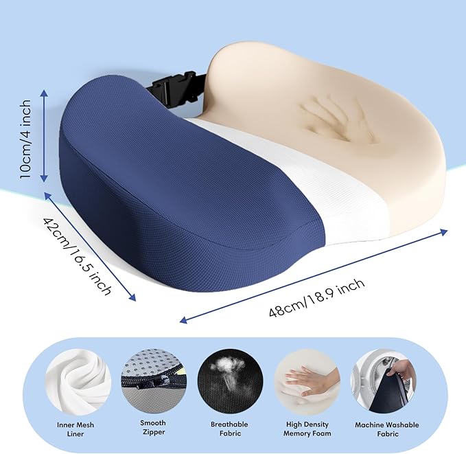 Large Memory Foam Seat Cushion for Office Chair, Car, Desk, Truck & Wheelchair - Tailbone, Coccyx & Sciatica Pain Relief Pillow - Ergonomic Back Support Portable Pad for Long Sitting & Driving