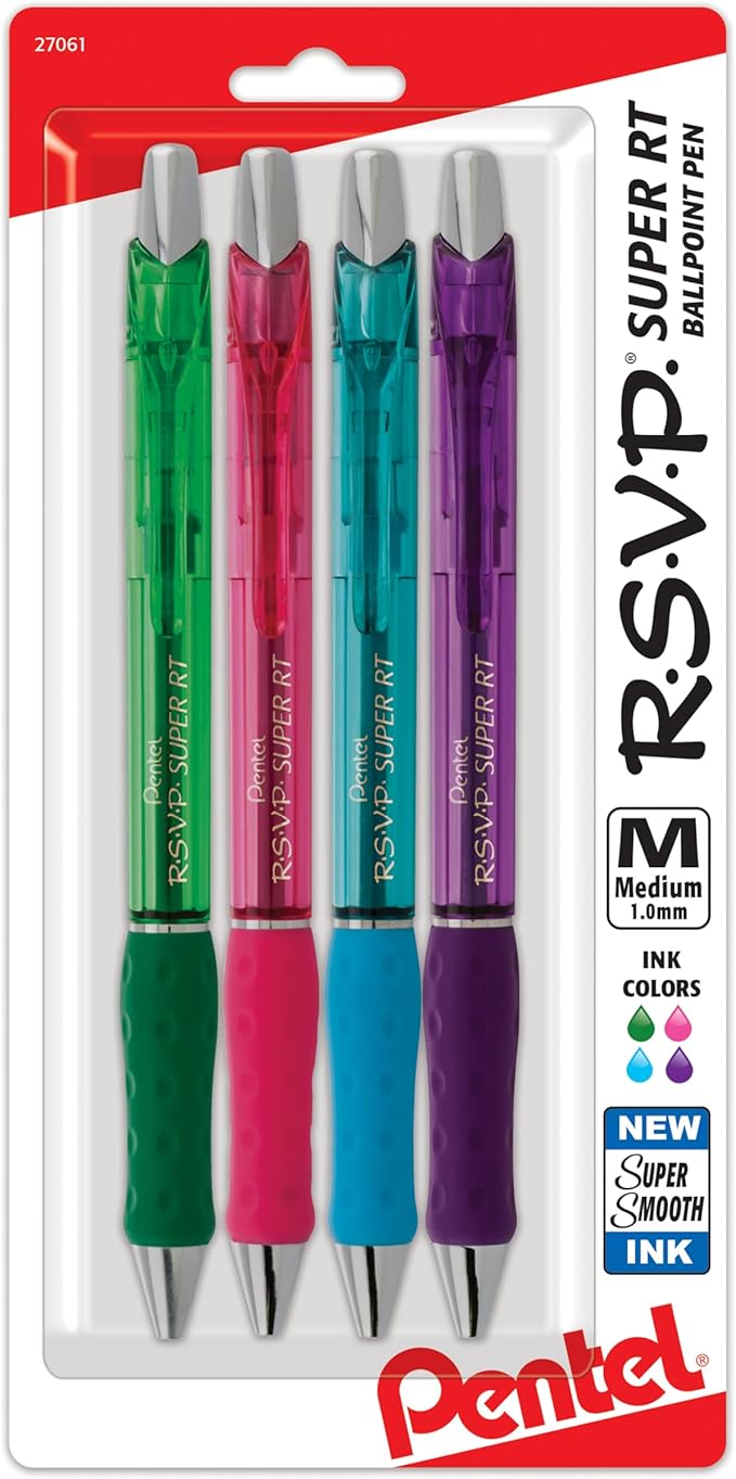 Pentel RSVP Super RT Ballpoint Pen, (1.0mm) Medium Line, Assorted Ink, Pack of 4 (BX480BP4M1)