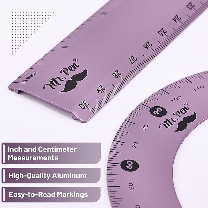 Mr. Pen- Geometry Set, 4 Pack, Blue Magenta Color, Metal Geometry Kit, Triangle Ruler, Metal Ruler, Drafting Triangles, Metal Protractor, Metal Set Square, Drafting Ruler, Drafting Set