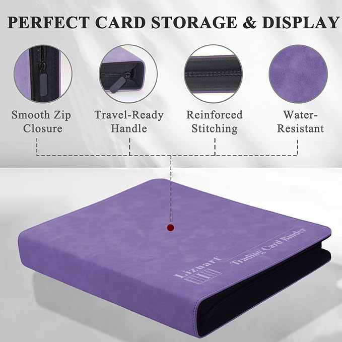 Card Binder 9 Pocket, 3-Ring Zipper Binder for Baseball Cards, Sports Cards, TCG/CCG (MTG, Football, Basketball), 20 Black Leatherette Sheets, Side Load (Purple, O-Ring)
