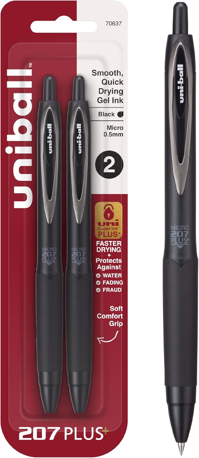 Uni-Ball 207+ Black Retractable Gel Pens 2 Pack with Micro 0.5mm Points, Fraud Proof Office, Nursing, Business, School, Bible Pens