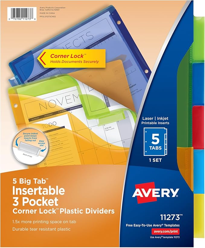 Avery Dividers for 3 Ring Binders, 5 Tab Plastic Binder Dividers, Three-Pocket, Corner Lock, Insertable Big Tabs, Multicolor, Extend Beyond Sheet Protectors, 1 Set (11273)