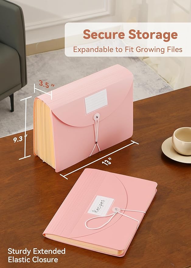 Accordion File Organizer 12 Pockets, Monthly Bill Receipt Tax Organizer, Expanding File Folders with Larger Bright Tabs, Fits Letter/A4 Size - Pink