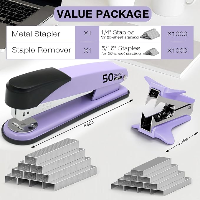 Metal Heavy Duty Stapler, 50 Sheet Capacity Stapler with 2000 Staples and Staple Remover, No Jam, Non-Slip Stapler for Desk, Purple Office Supplies for Teacher, Office Clerks