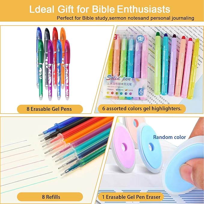 23 Pcs Aesthetic Highlighter and Erasable Pen Set, including 6 Bible Highlighters, 8 Erasable Pens, 8 Refills and 1 Eraser,No Bleed, Perfect for Bible Study Journaling Planner Notes School Supplies