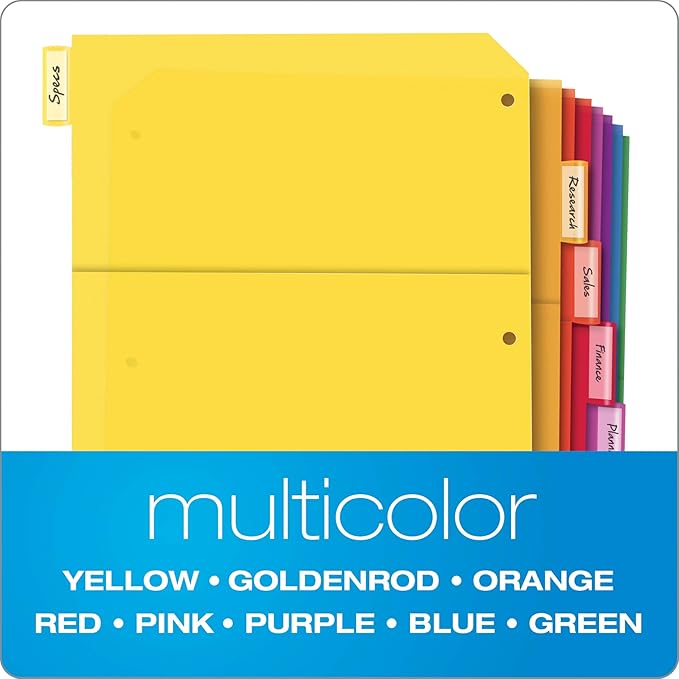 Oxford Plastic 2 Pocket Binder Dividers, 8 Tab 1/8 Cut, Multicolor Large Tab Set, Insertable Dividers with Paper Inserts, Letter Size, 3 Sets (89603) (Pack of 8)