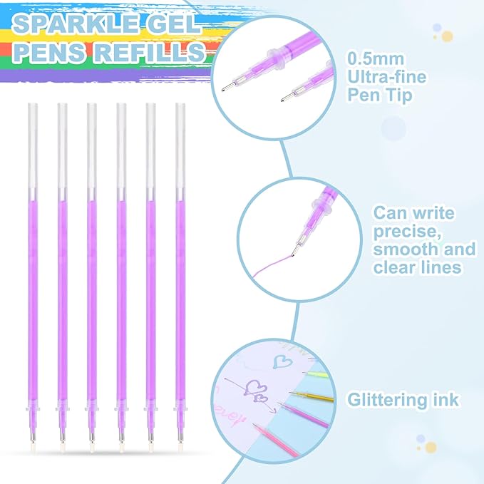 PATIKIL 0.5mm Gel Pens Refills, 24 Pack Glitter Gel Pens Sparkle Metallic Ink Fine Point Colored Refill Set for Adults Coloring Books Journaling Scrapbooking Art Drawing, Purple