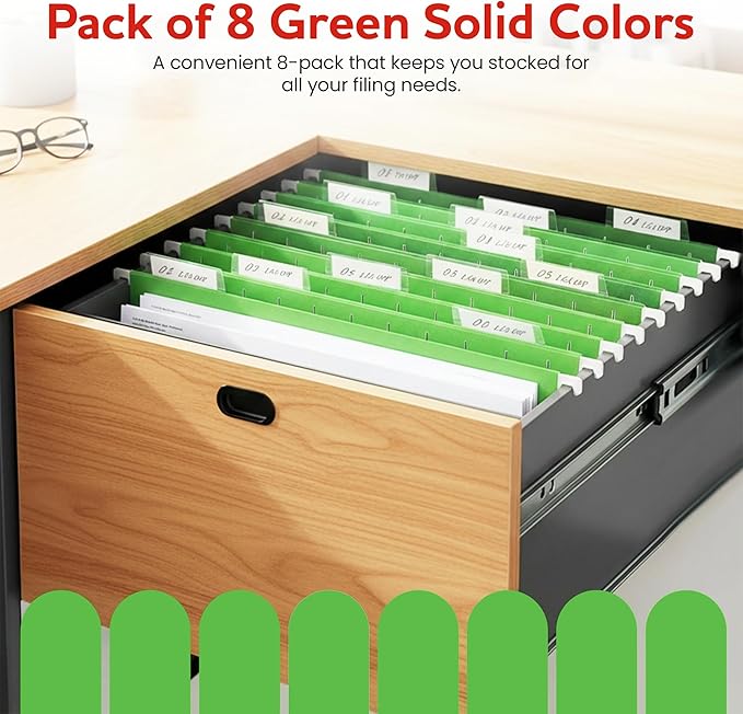 Green Hanging File Folders – 8 Pack, Letter Size File Organization Folders for Home, Office, School & Filing Cabinets