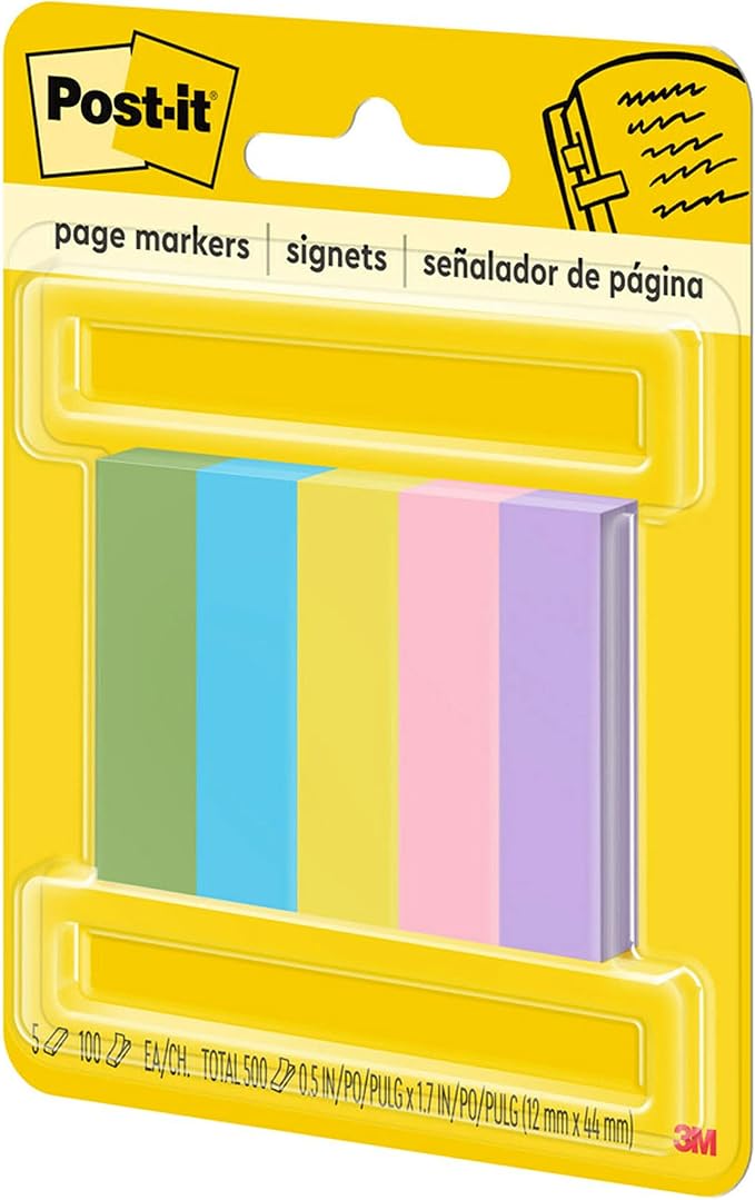 Post-it® Page Markers, 1/2-inch x 1-3/4 Inch, Ideal for Temporary Marking and Noting In Books, Assorted Ultra Colors, 500 per Pack