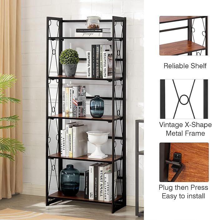 VECELO Folding Bookshelf,5 Shelf Bookcase No Assembly, Industrial Metal Frame Book Shelves Organizer for Living Room, Office,Brown, 2 Set