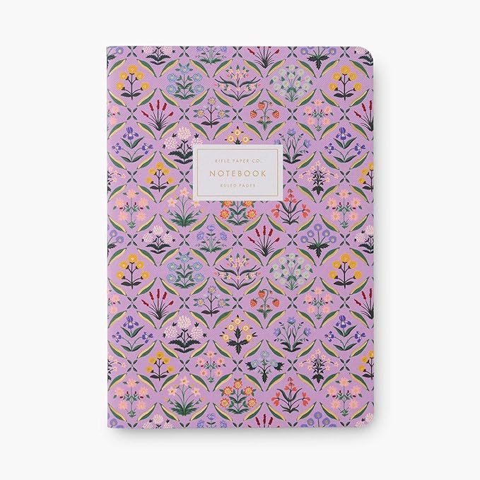 RIFLE PAPER CO. Estee Stitched Notebook Set, 8.5" L x 6" W, Set Of 3, 64 Ruled Pages With Gold Ink, Full-Color Canvas Cover With White Text Paper Interior