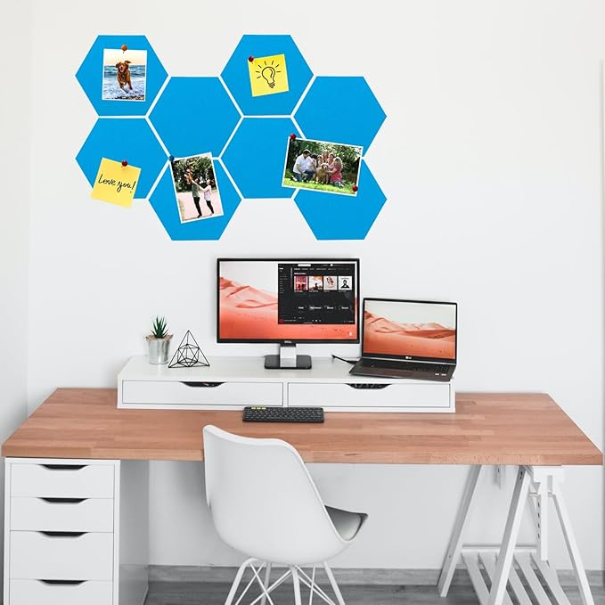 8 Pcs Hexagon Felt Cork Bulletin Board Tiles, Self Adhesive DIY Bulletin Board Pin Board for Office School Home Wall Decor Memos Photos Display(Bright Blue)