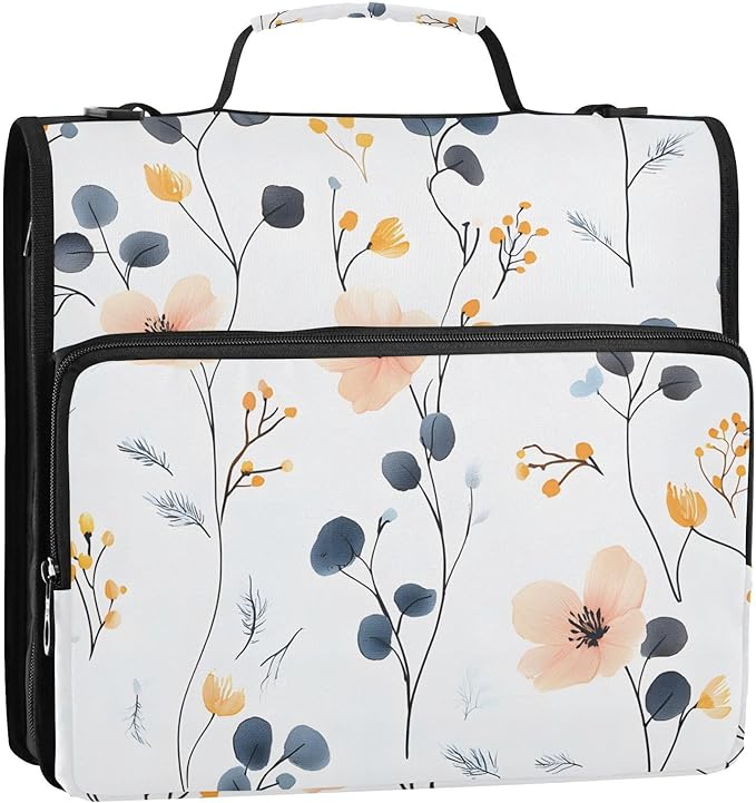 3 Ring Zipper Binder with Shoulder Strap Flower Wildflower 1.5 inch Binders Keeper Large Capacity Multi Pockets for School Office Supplies