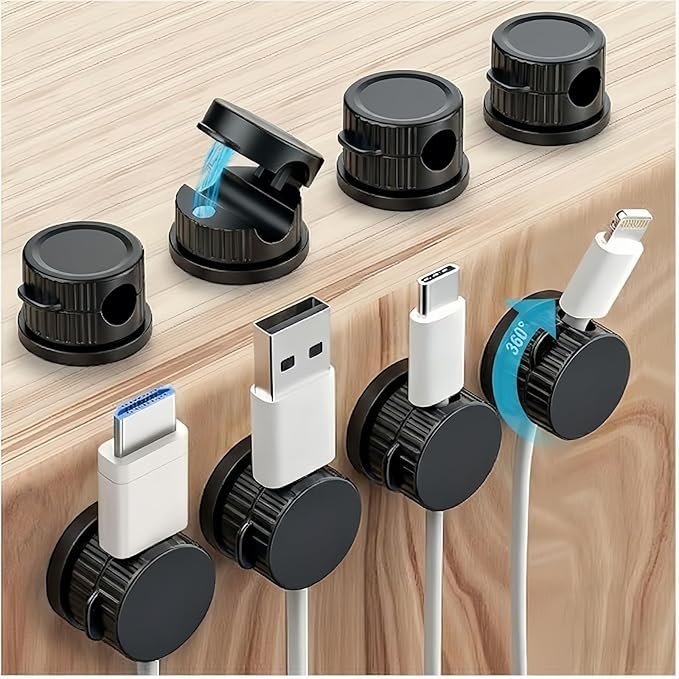 Magnetic Cable Organizer 8-Pack Glossy Black - Rotating Magnetic Clip Cord Keeper for Desk, Nightstand & Car - Adhesive Management System for USB & Power Wires