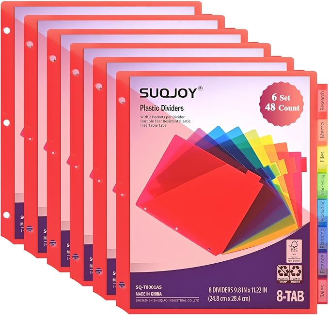 Binder Index Dividers with Tabs, 48 Count 3 Ring Binder Dividers with Pockets, 8 Tab Dividers for 3 Ring Binder, Plastic Sheet Protectors for US Letter Size, 8 Color Tab Dividers,6 Packs