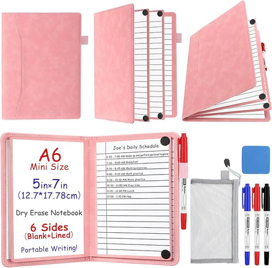 6 Sides Dry Erase Notebook Portable Whiteboards Notebook Small Reusable College Ruled Lined Board Folding Mini Travel Dry Erase White Board for Office Study(Pink,A6: 5 x 7 Inches)