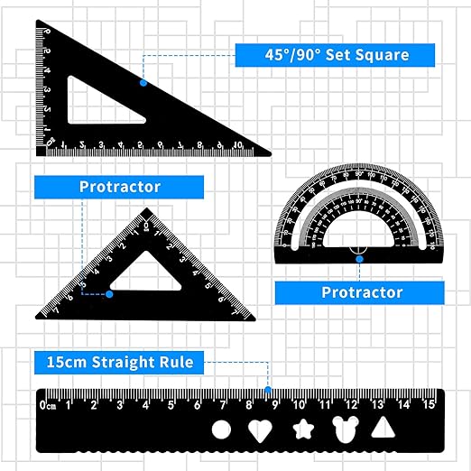 Metal Ruler Set 4Pcs Black Aluminum Alloy Triangle Rulers Straight Edge Ruler Geometric Protractor & Geometry Rulers Set for Drawing Drafting Supplies for Students Kids