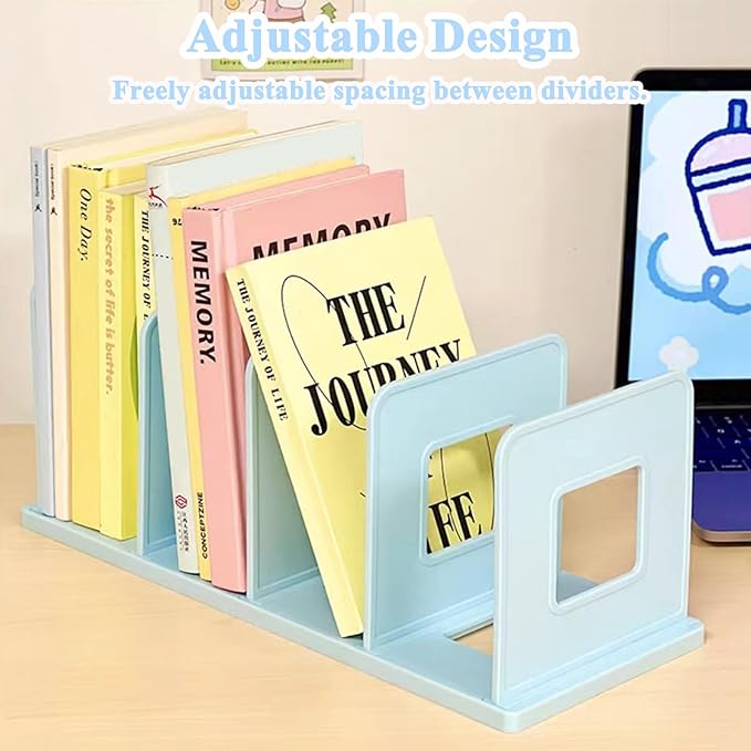 SAYEEC Desk File Sorter Vertical Desktop File Folder Organizer 4 Section Plastic Book Holder Adjustable Shelf Dividers Closet Purse Handbag Mail Binder Organizer Magazine Rack Stand Bookshelf (Blue)