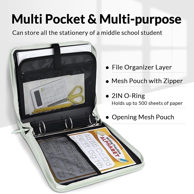 SUNEE Zipper Binder Bag with Handle, 2-Inch 3-Ring O-Ring, 500-Sheet Capacity, Includes Zip Pocket, 5-Tab Expanding File Folder, Multi-Pocket Organizer Binder for Middle School, Sage Green