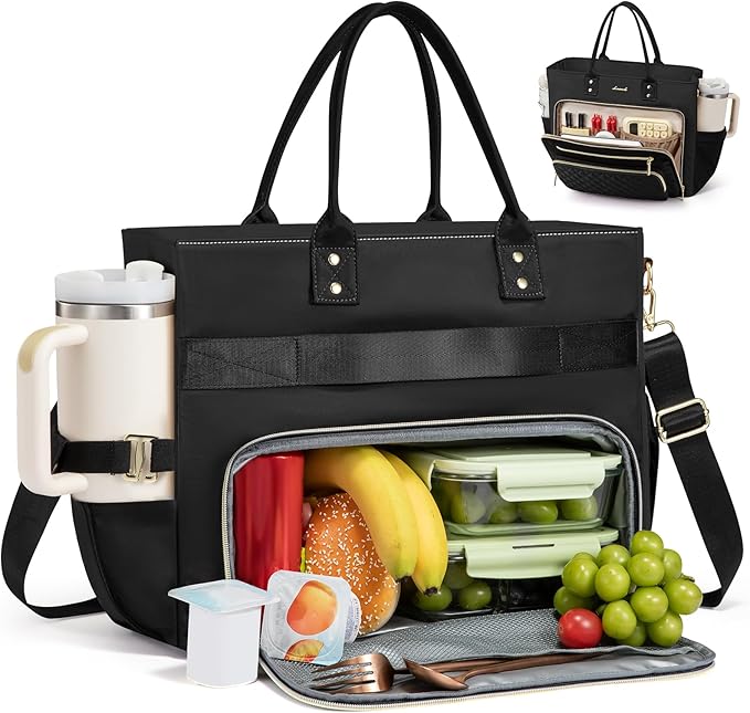 LOVEVOOK Lunch Bag, Tote Bag for Women with Insulated Lunch Compartment, Large Capacity Work Tote fit 17.3 Inch Laptop, Teacher Nurse Bag for Work, Crossbody Bags for Women with Cup Holder, Black