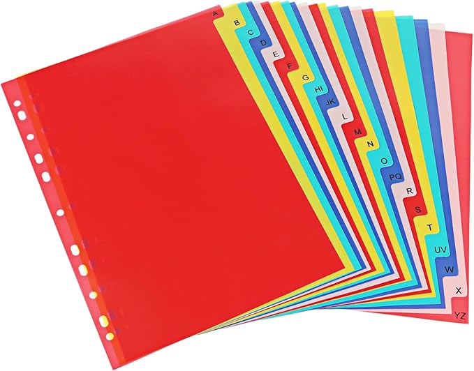 A-Z Plastic Binder Dividers 21 Tab, Alphabet Dividers with Tabs for 3 Ring, Multicolor Alphabetical Divider for 2/3/4/11 Ring Binders, Letter Size 8.2×11.6 Inch