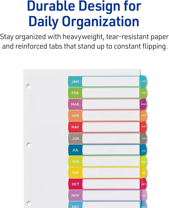 Avery Jan-Dec Dividers for 3 Ring Binders, 12 Tabs per Set, Customizable Table of Contents, Multicolor Arched Tabs, Great for Organizing Reports, Projects, and More (11847)
