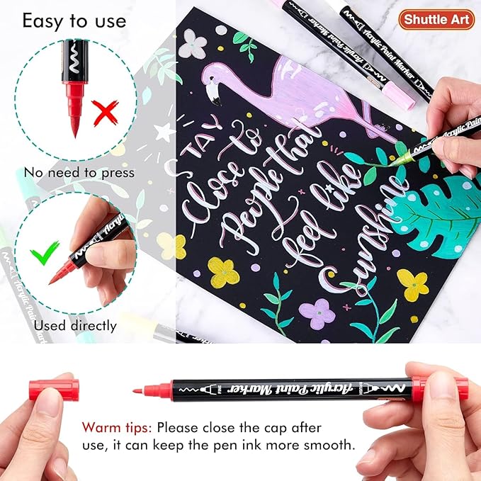 Shuttle Art 48 Colors Dual Tip Acrylic Paint Markers, Brush Tip and Fine Tip Acrylic Paint Pens for Rock, Ceramic, Wood, Canvas, Plastic, Glass, Stone, Calligraphy, Card Making, Crafts & Nail Art