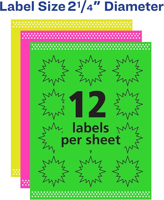 Avery Neon Address Labels with Sure Feed for Laser Printers, 2-1/4", Assorted Colors, 180 Burst Labels (5995) (Pack of 5)