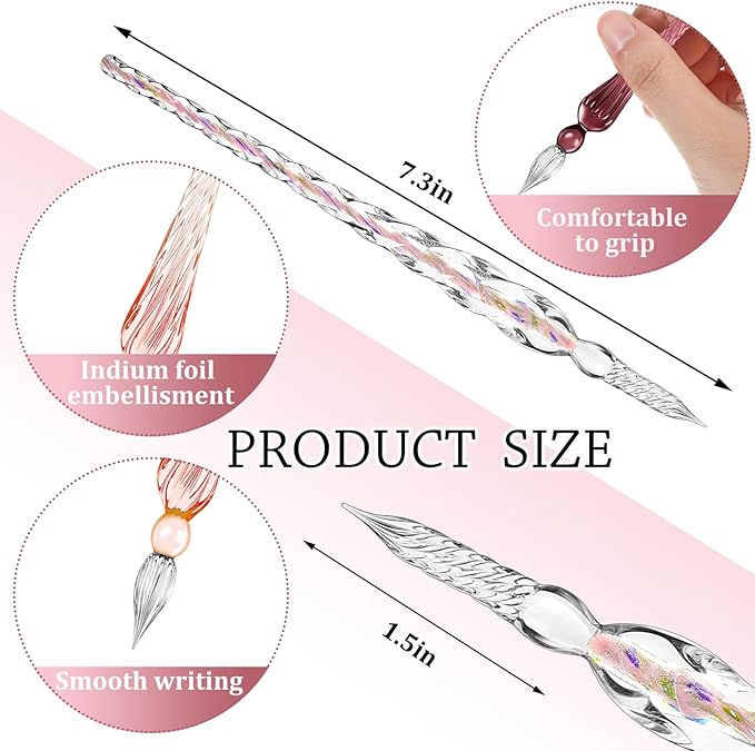 Zonon Glass Dipped Pen Ink Set 14 Pcs Include 6 Pcs Glass Dip Pen, 6 Colorful India Ink and 2 Holder Crystal Signature Calligraphy for Art, Writing, Gift(Purple Pink Color System)